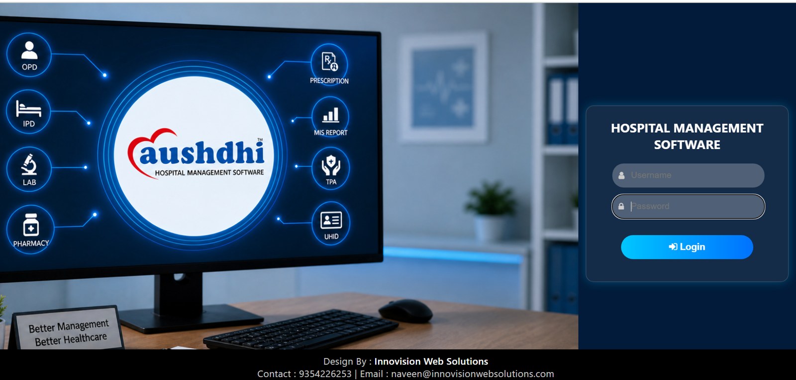 Aushdhi Hospital Management Software Demo - OPD IPD Lab Pharmacy TPA UHID MIS